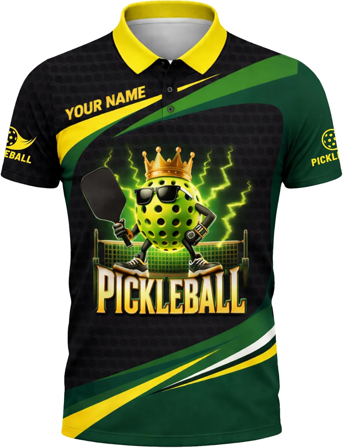 Funny Pickleball King Polo Shirt Custom Name Performance Mesh Sports Polo for Men Women Black