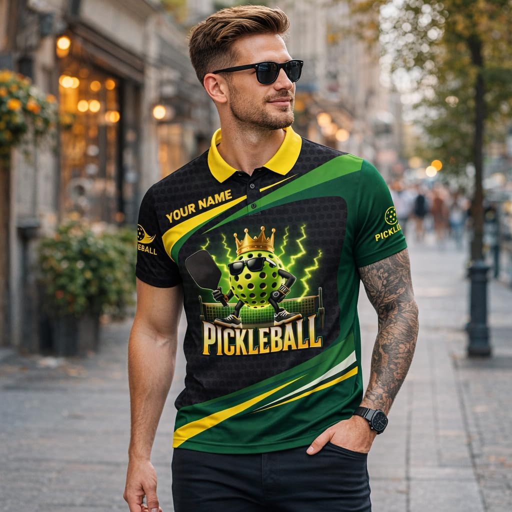 Funny Pickleball King Polo Shirt Custom Name Performance Mesh Sports Polo for Men Women Black