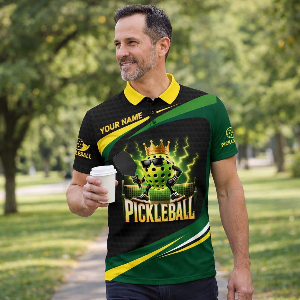 Funny Pickleball King Polo Shirt Custom Name Performance Mesh Sports Polo for Men Women Black