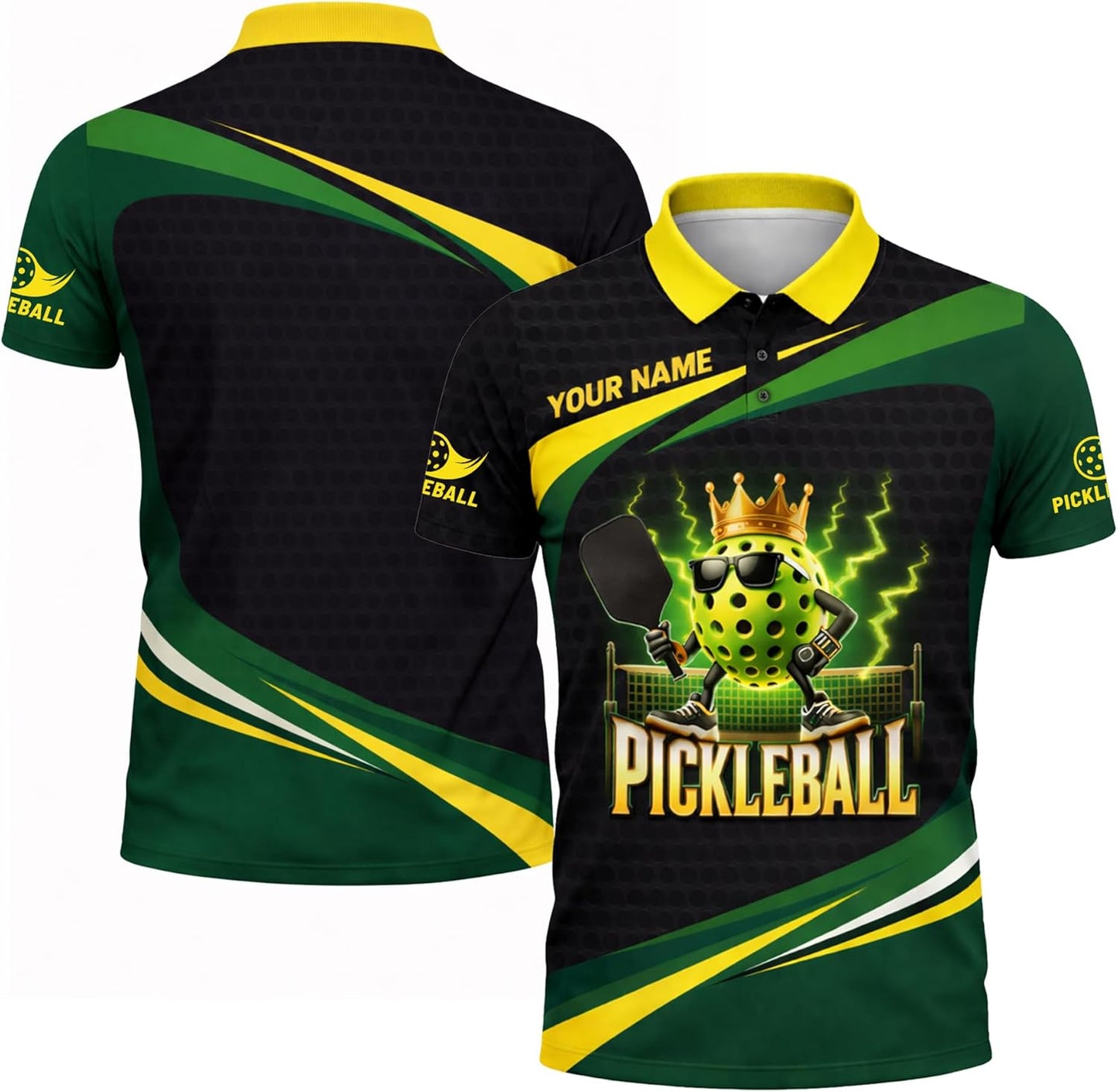 Funny Pickleball King Polo Shirt Custom Name Performance Mesh Sports Polo for Men Women Black