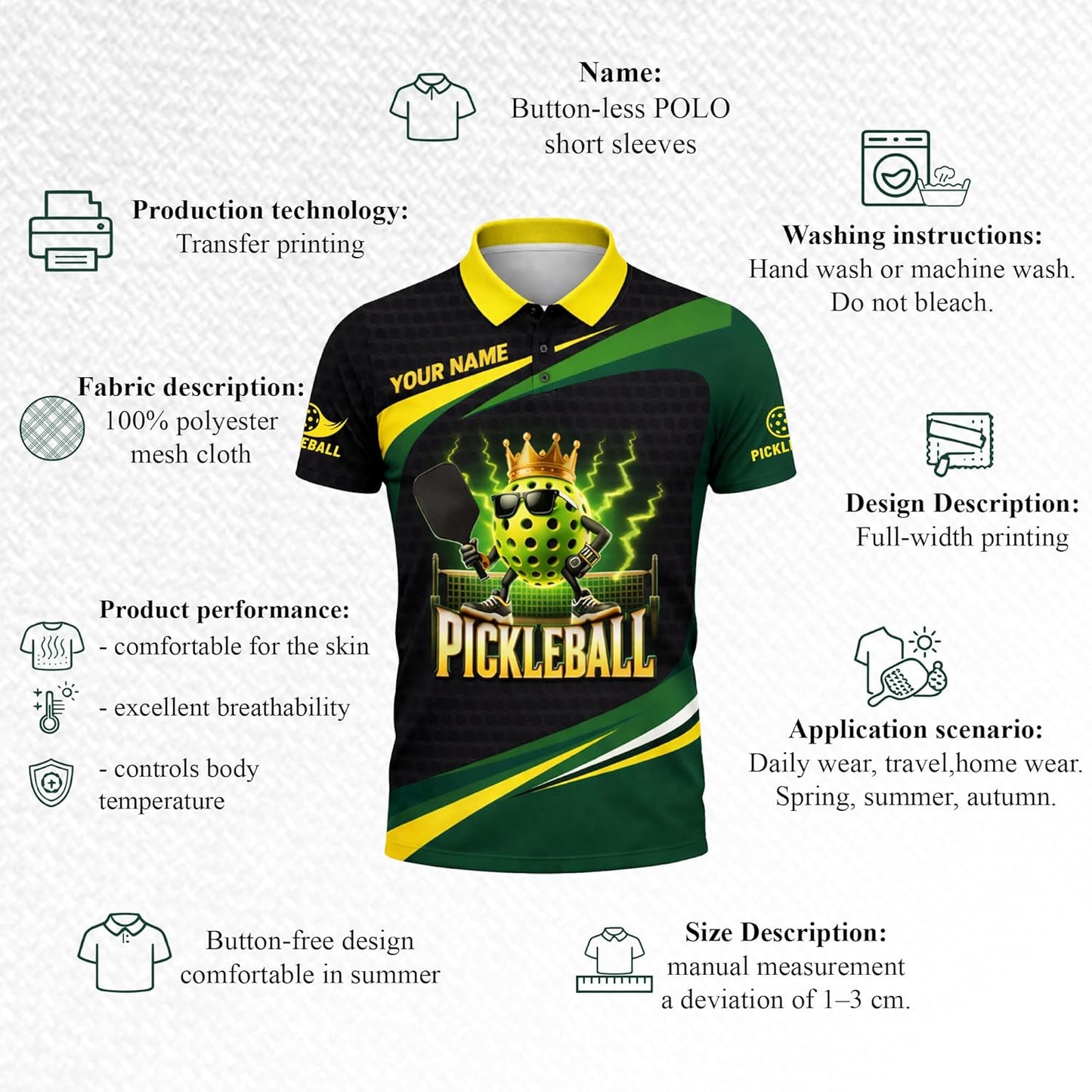 Funny Pickleball King Polo Shirt Custom Name Performance Mesh Sports Polo for Men Women Black