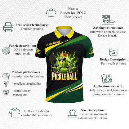 Funny Pickleball King Polo Shirt Custom Name Performance Mesh Sports Polo for Men Women Black