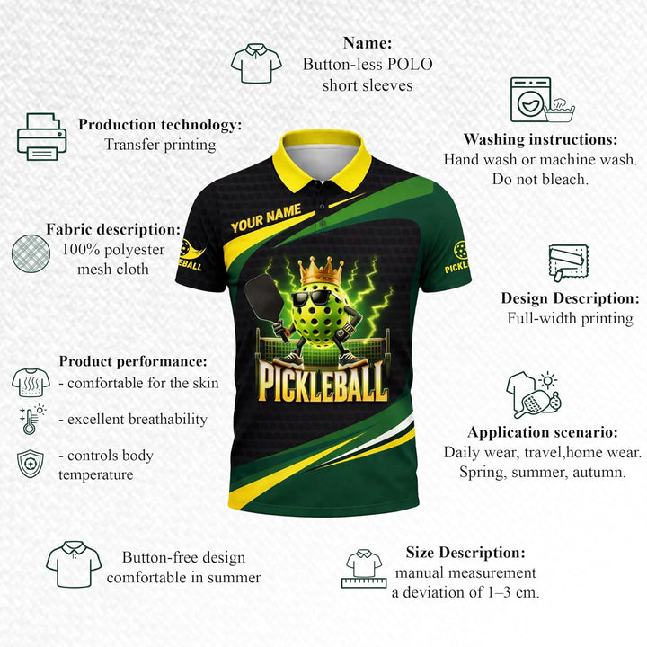 Funny Pickleball King Polo Shirt Custom Name Performance Mesh Sports Polo for Men Women Black