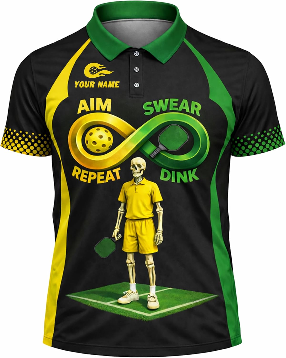 Funny Pickleball Polo Shirt Aim Swear Repeat Dink Skeleton Pickleball Player Custom Name Performance Shirt Black