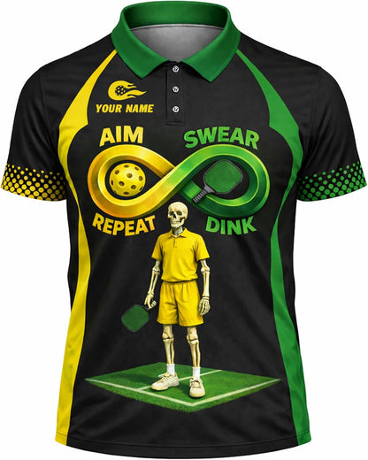 Funny Pickleball Polo Shirt Aim Swear Repeat Dink Skeleton Pickleball Player Custom Name Performance Shirt Black