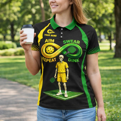 Funny Pickleball Polo Shirt Aim Swear Repeat Dink Skeleton Pickleball Player Custom Name Performance Shirt Black