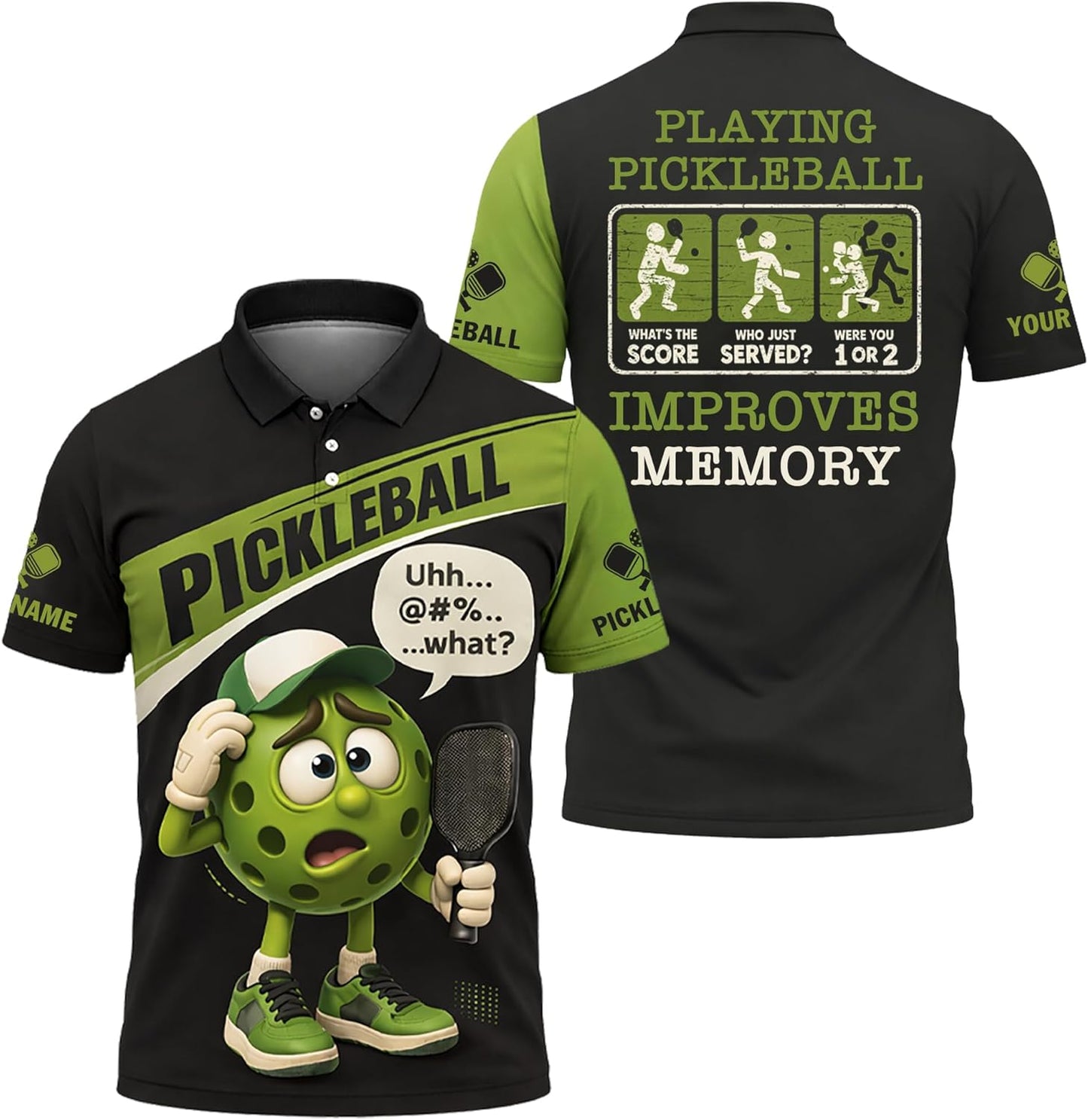 Funny Pickleball Polo Shirt Playing Pickleball Improves Memory Cartoon Ball Player Performance Shirt Black