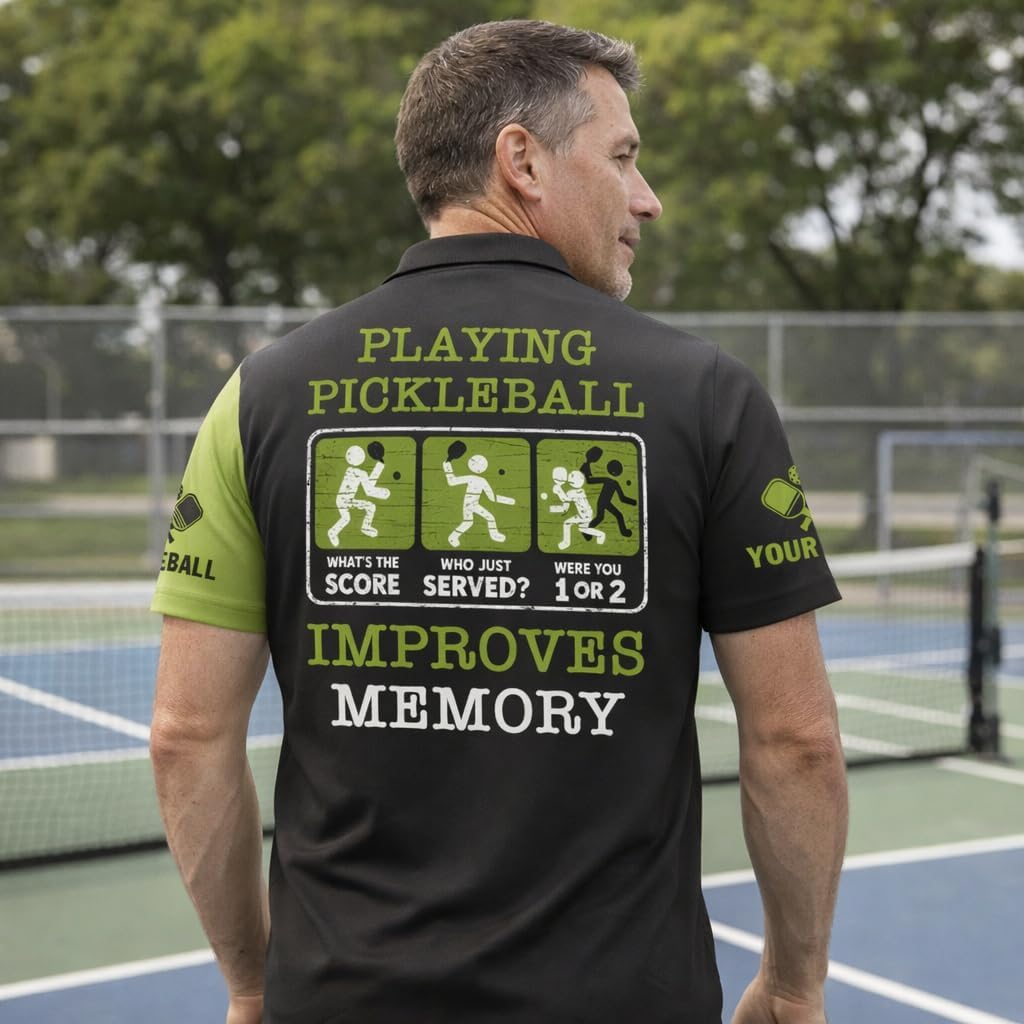 Funny Pickleball Polo Shirt Playing Pickleball Improves Memory Cartoon Ball Player Performance Shirt Black