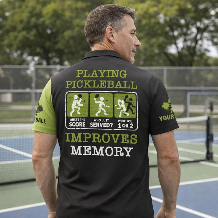Funny Pickleball Polo Shirt Playing Pickleball Improves Memory Cartoon Ball Player Performance Shirt Black
