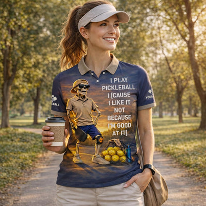 Funny Pickleball Skeleton Polo Shirt I Play Pickleball Because I Like It Performance Pickleball Shirt Men Women Black