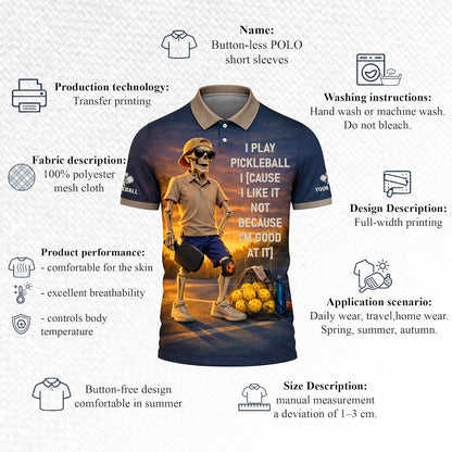 Funny Pickleball Skeleton Polo Shirt I Play Pickleball Because I Like It Performance Pickleball Shirt Men Women Black