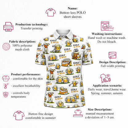 Pickit Golf & Beer Polo Shirt – Funny Golfer Beer Mug All Over Print Casual Golf Shirt for Men & Women