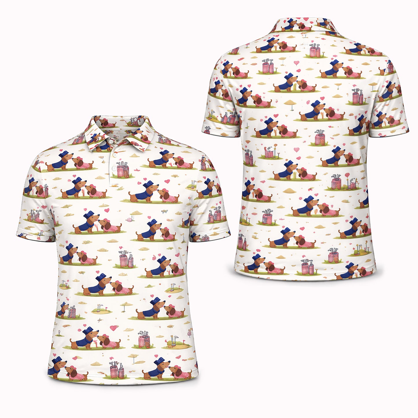 Cute Dachshund Golf Polo Shirt – Romantic Dog Couple All Over Print Funny Golf Shirt for Men & Women