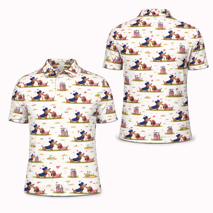 Cute Dachshund Golf Polo Shirt – Romantic Dog Couple All Over Print Funny Golf Shirt for Men & Women