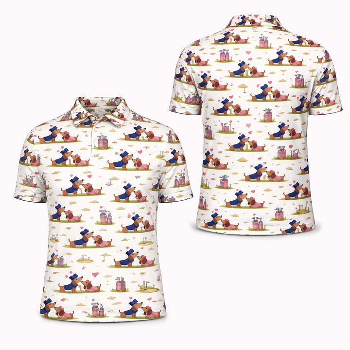 Cute Dachshund Golf Polo Shirt – Romantic Dog Couple All Over Print Funny Golf Shirt for Men & Women