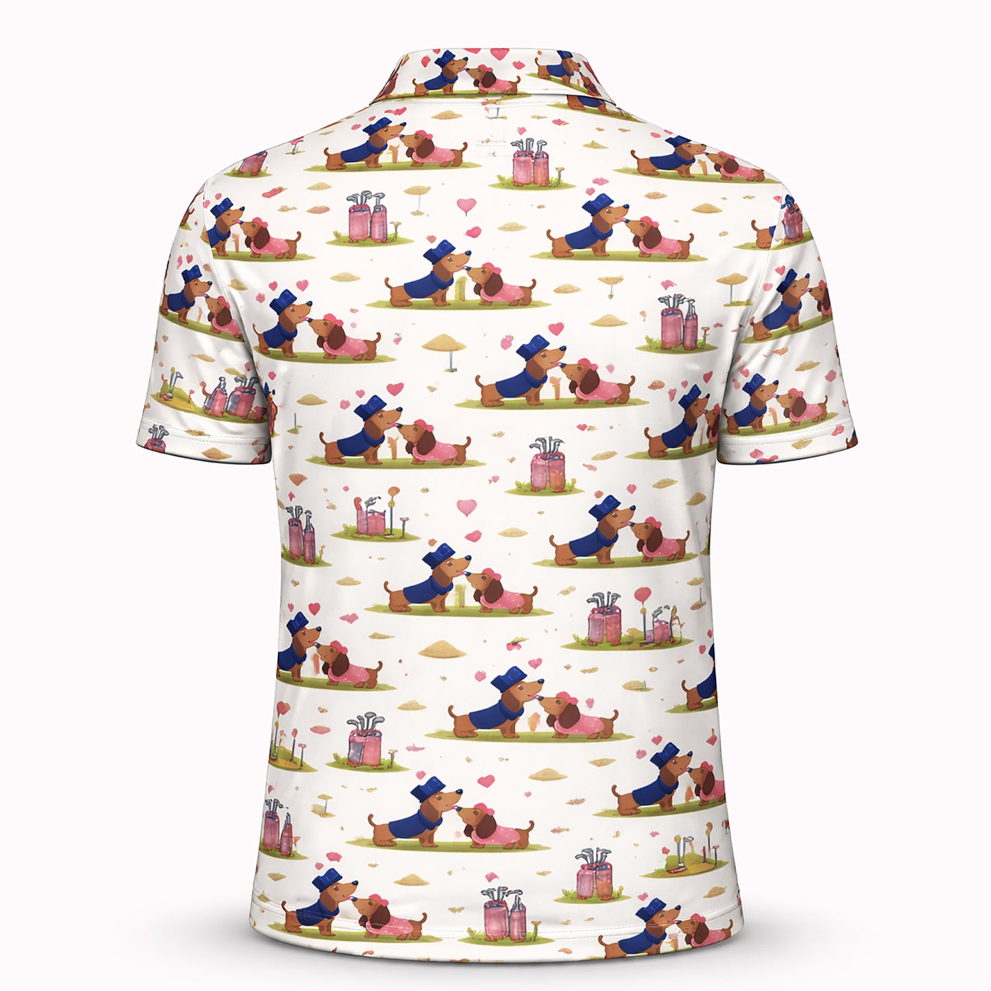 Cute Dachshund Golf Polo Shirt – Romantic Dog Couple All Over Print Funny Golf Shirt for Men & Women