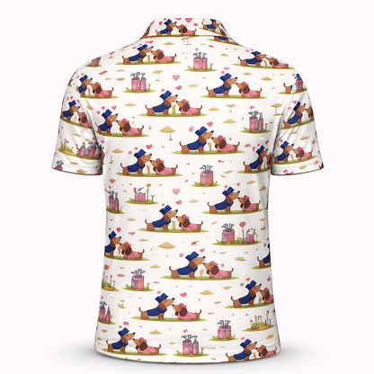 Cute Dachshund Golf Polo Shirt – Romantic Dog Couple All Over Print Funny Golf Shirt for Men & Women