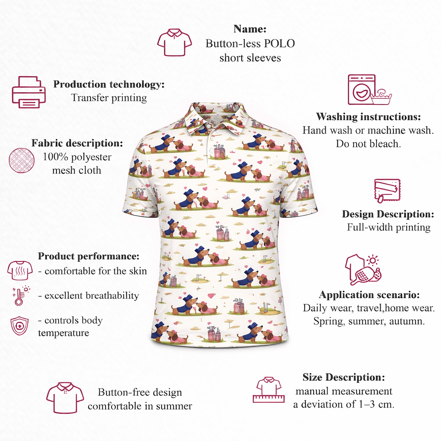 Cute Dachshund Golf Polo Shirt – Romantic Dog Couple All Over Print Funny Golf Shirt for Men & Women