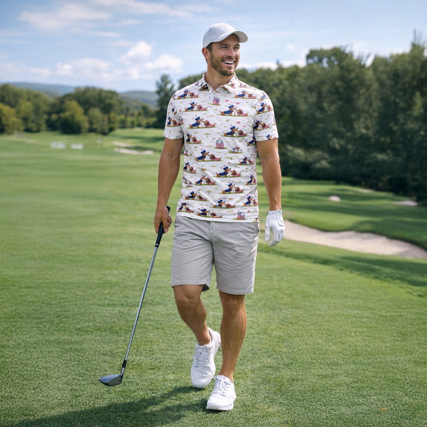 Cute Dachshund Golf Polo Shirt – Romantic Dog Couple All Over Print Funny Golf Shirt for Men & Women