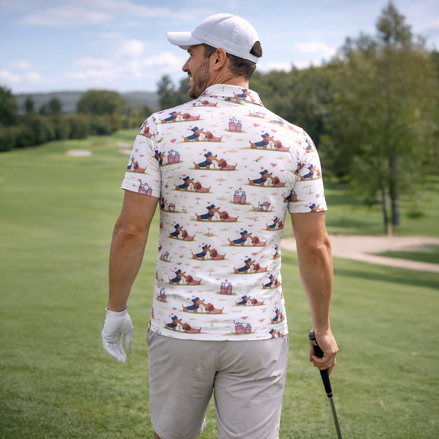 Cute Dachshund Golf Polo Shirt – Romantic Dog Couple All Over Print Funny Golf Shirt for Men & Women