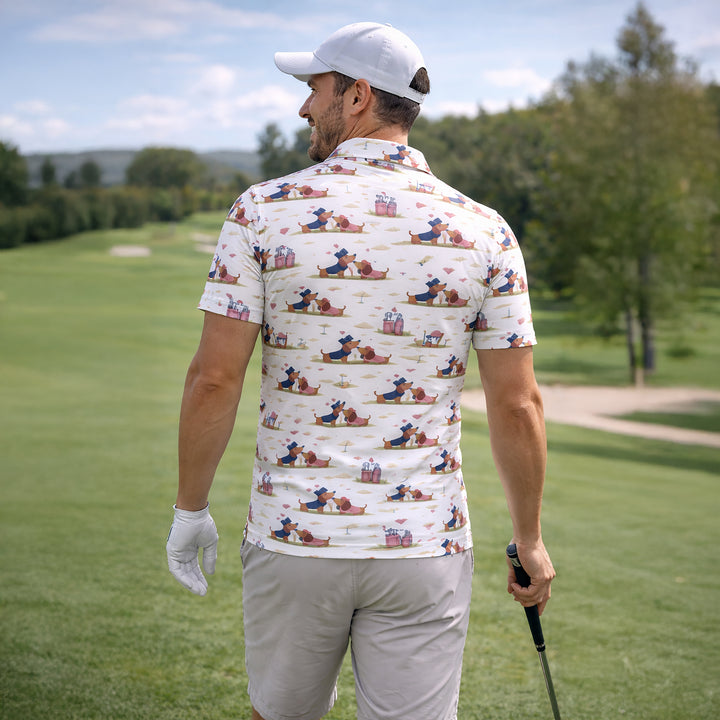 Cute Dachshund Golf Polo Shirt – Romantic Dog Couple All Over Print Funny Golf Shirt for Men & Women