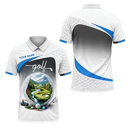 Custom Name Golf Polo Shirt Landscape Golf Ball Course Performance Polo for Men Black