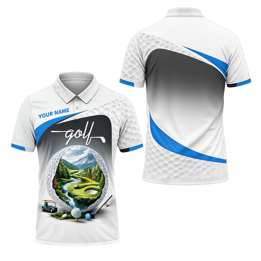 Custom Name Golf Polo Shirt Landscape Golf Ball Course Performance Polo for Men Black