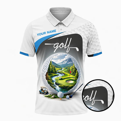 Custom Name Golf Polo Shirt Landscape Golf Ball Course Performance Polo for Men Black