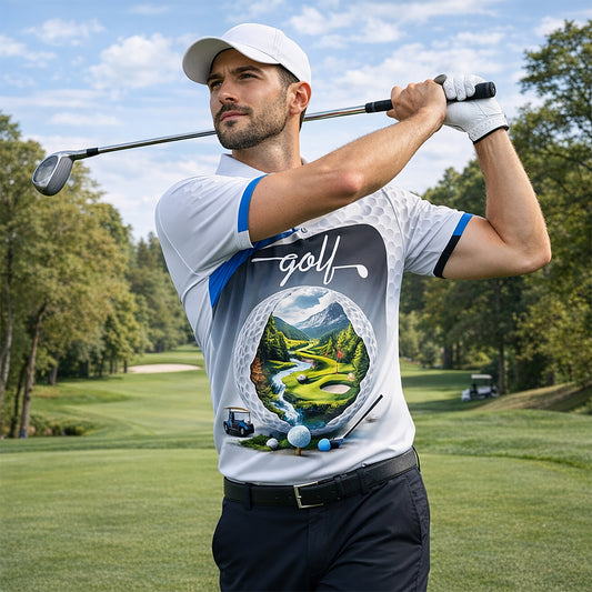 Custom Name Golf Polo Shirt Landscape Golf Ball Course Performance Polo for Men Black