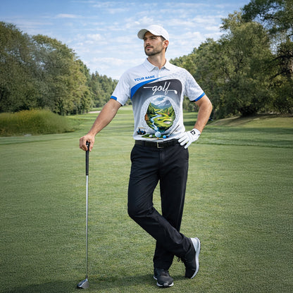 Custom Name Golf Polo Shirt Landscape Golf Ball Course Performance Polo for Men Black
