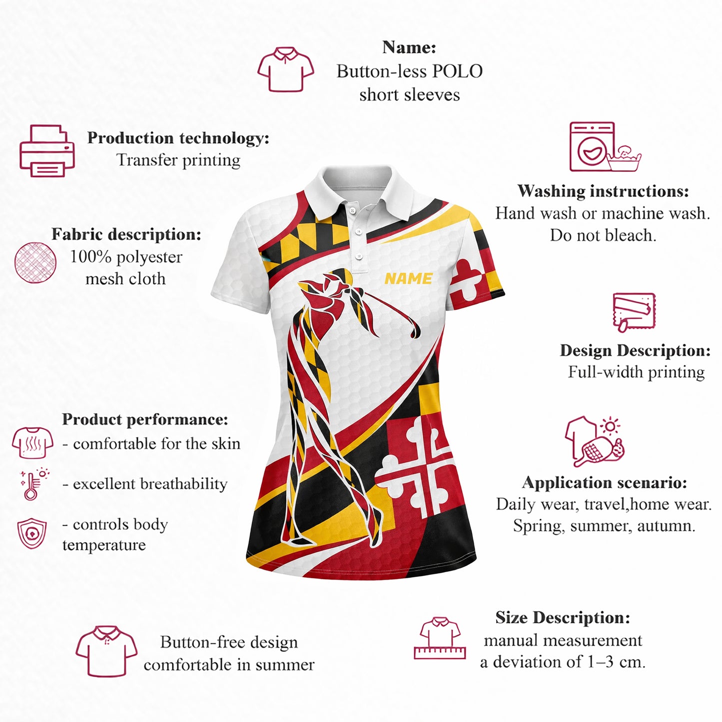 Pickit Maryland Flag Golf Polo Shirt – Personalized Name Team Custom Golfer Polo All Over Print for Men & Women