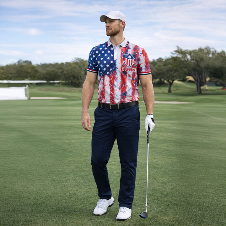 Pickit Patriotic USA Golf Polo Shirt Custom Name American Flag Performance Polo