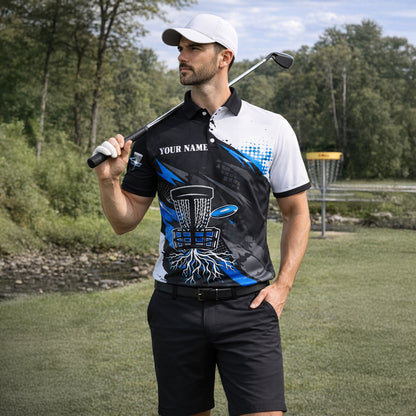 Custom Disc Golf Polo Shirt Team Name Personalized Disc Golf Jersey Black Blue Performance Shirt