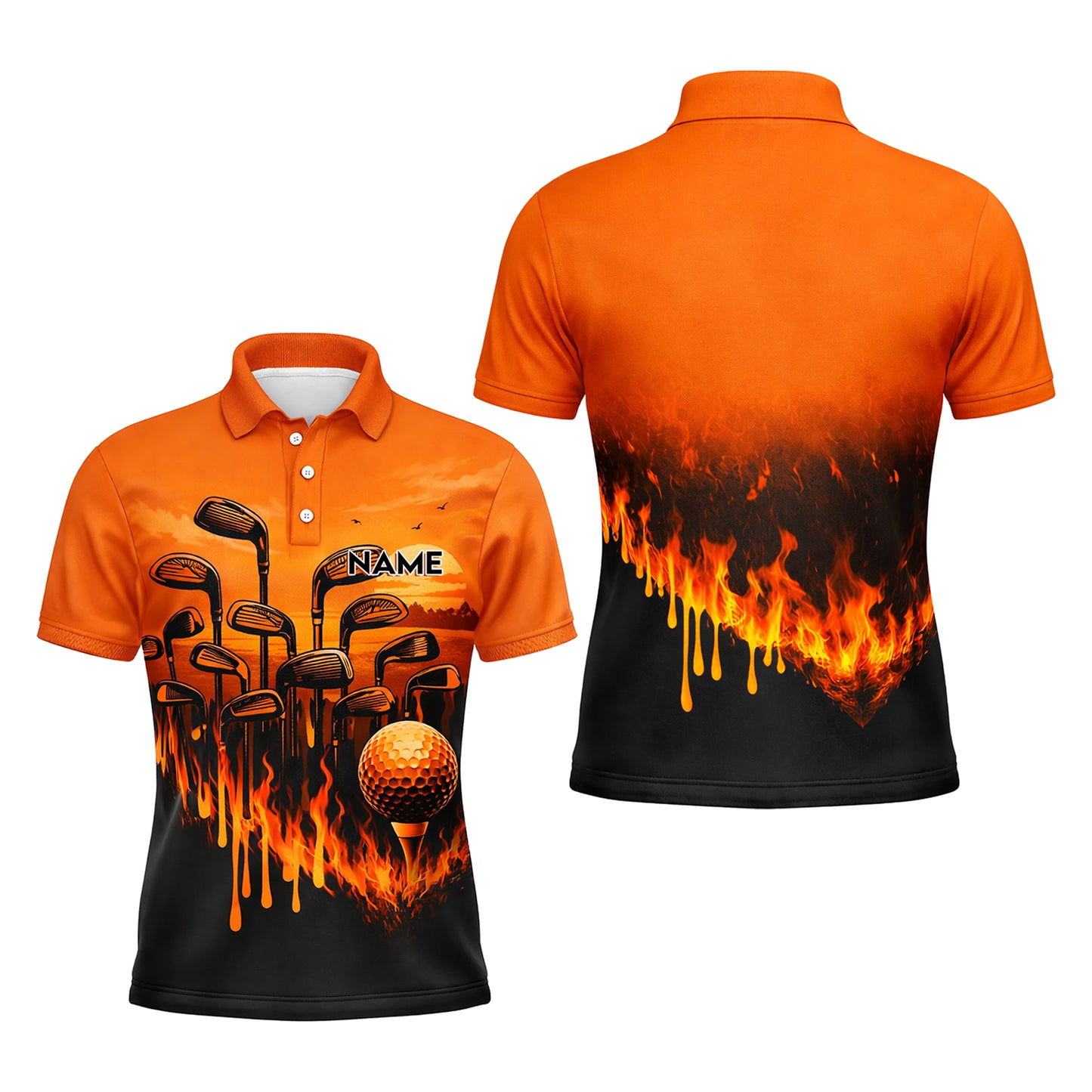 Pickit Flame Golf Polo Shirt – Personalized Name Fire Golf Clubs Sunset All Over Print Polo for Men & Women