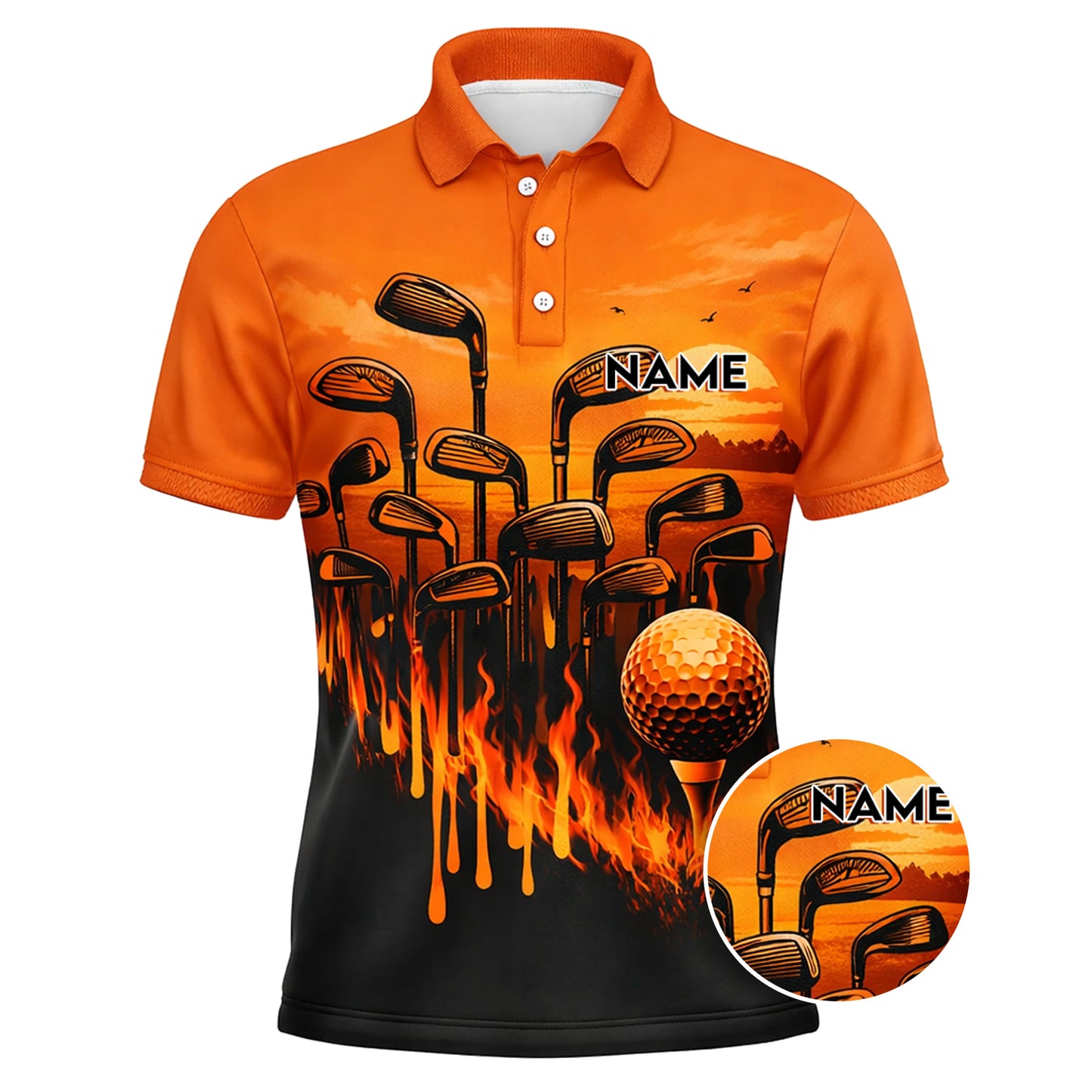 Pickit Flame Golf Polo Shirt – Personalized Name Fire Golf Clubs Sunset All Over Print Polo for Men & Women