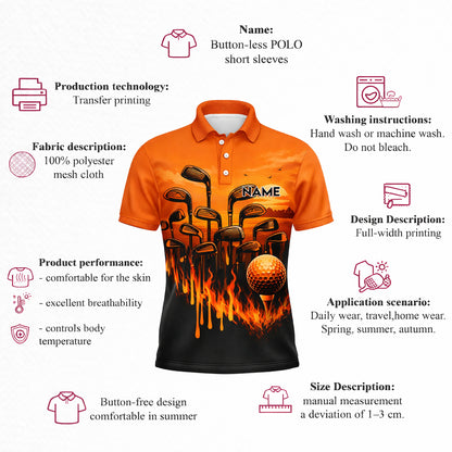Pickit Flame Golf Polo Shirt – Personalized Name Fire Golf Clubs Sunset All Over Print Polo for Men & Women