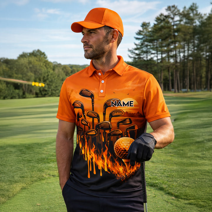 Pickit Flame Golf Polo Shirt – Personalized Name Fire Golf Clubs Sunset All Over Print Polo for Men & Women