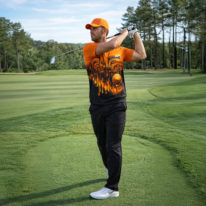 Pickit Flame Golf Polo Shirt – Personalized Name Fire Golf Clubs Sunset All Over Print Polo for Men & Women