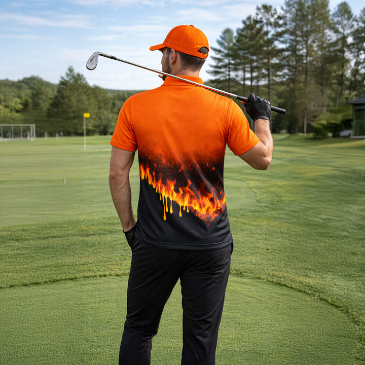 Pickit Flame Golf Polo Shirt – Personalized Name Fire Golf Clubs Sunset All Over Print Polo for Men & Women
