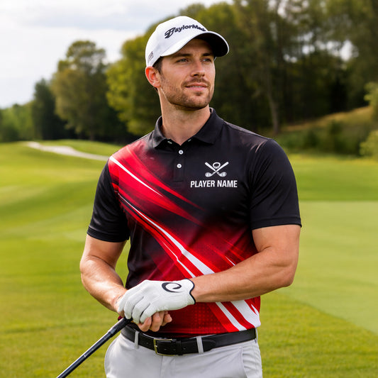 Custom Golf Polo Shirt Personalized Team Name Player Name Red Black Performance Shirt Unisex