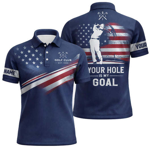 Custom Golf Polo Shirt USA Flag Personalized Name Funny Golf Shirt Your Hole is My Goal Performance Polo