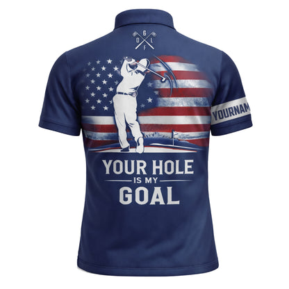 Custom Golf Polo Shirt USA Flag Personalized Name Funny Golf Shirt Your Hole is My Goal Performance Polo