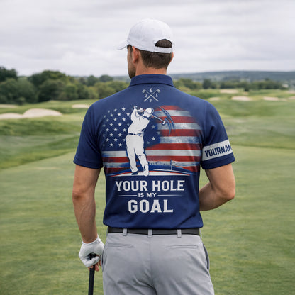 Custom Golf Polo Shirt USA Flag Personalized Name Funny Golf Shirt Your Hole is My Goal Performance Polo