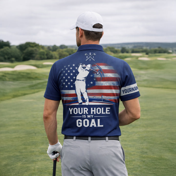 Custom Golf Polo Shirt USA Flag Personalized Name Funny Golf Shirt Your Hole is My Goal Performance Polo