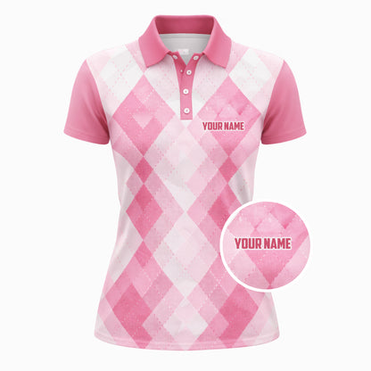 Women Golf Polo Shirt Personalized Argyle Pink Golf Friends Custom Name Performance Polo