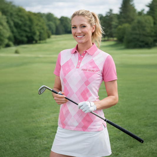 Women Golf Polo Shirt Personalized Argyle Pink Golf Friends Custom Name Performance Polo