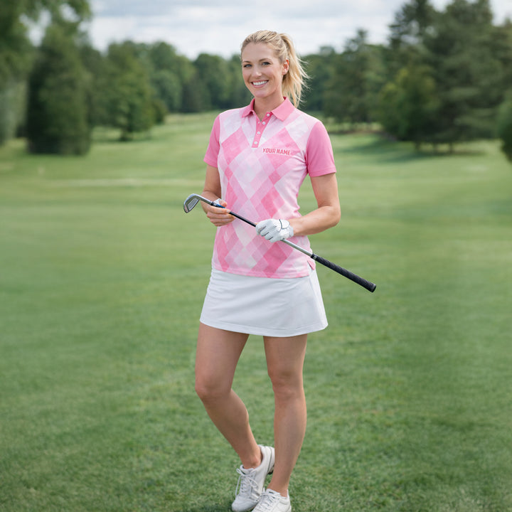 Women Golf Polo Shirt Personalized Argyle Pink Golf Friends Custom Name Performance Polo