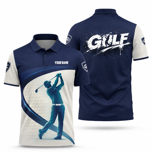 Custom Golf Polo Shirt Personalized Name Blue White Golf Swing Performance Polo Shirt for Men