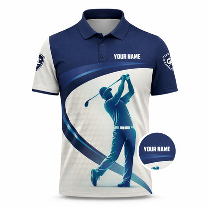 Custom Golf Polo Shirt Personalized Name Blue White Golf Swing Performance Polo Shirt for Men