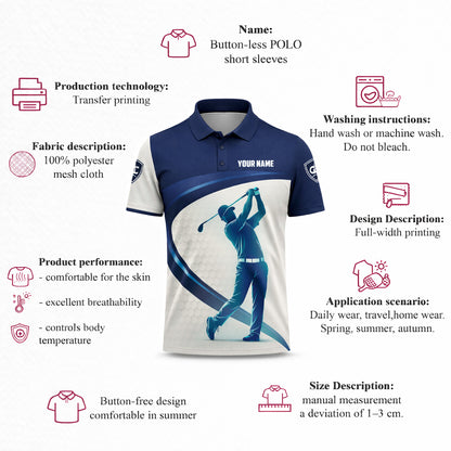Custom Golf Polo Shirt Personalized Name Blue White Golf Swing Performance Polo Shirt for Men